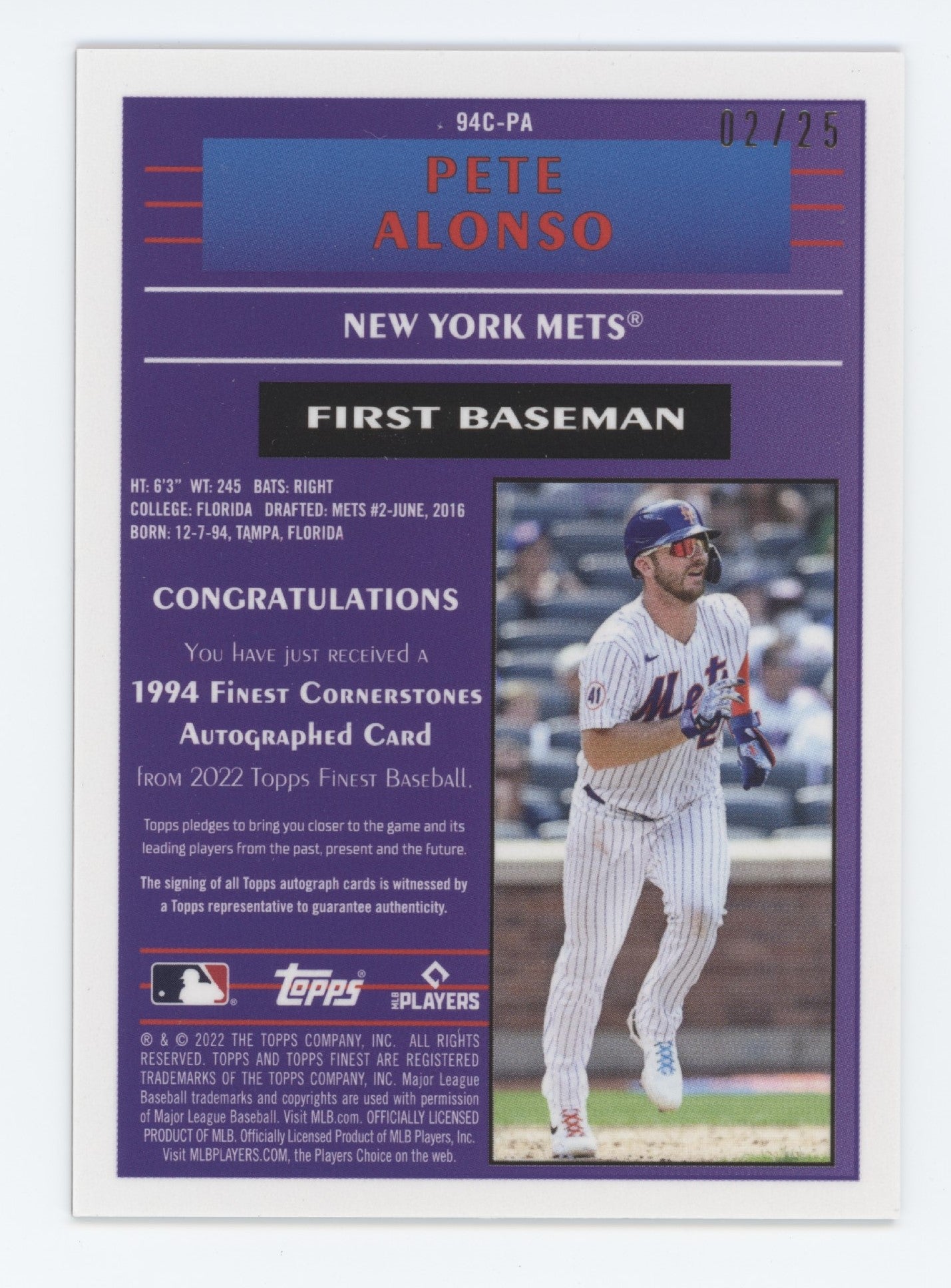 Pete Alonso 2022 Topps Finest Autograph Baseball Card Numbered 2/25 Orange Refractor