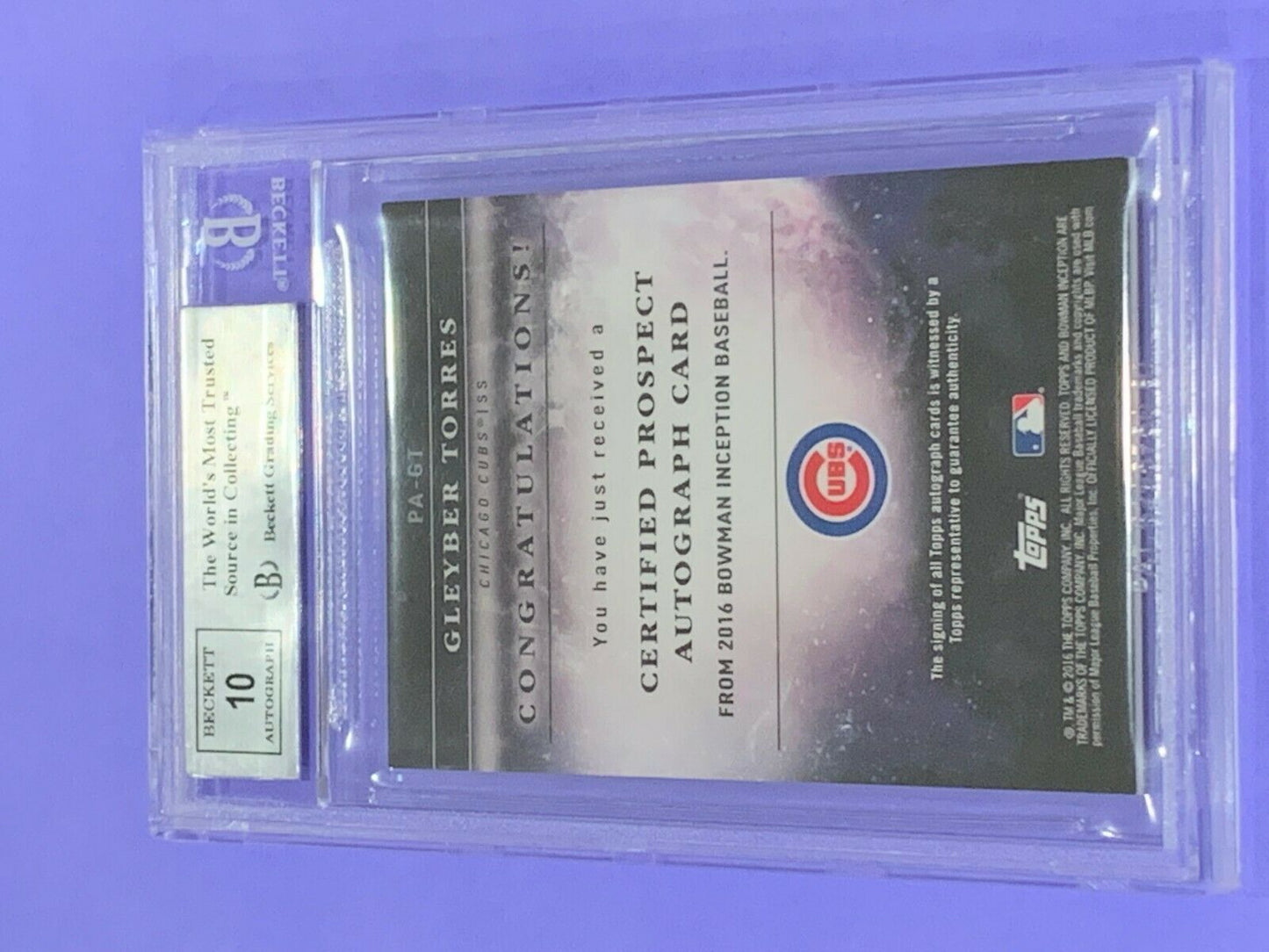Gleyber Torres 2016 Bowman Inception PA-GT Beckett Graded 9 mint auto 10