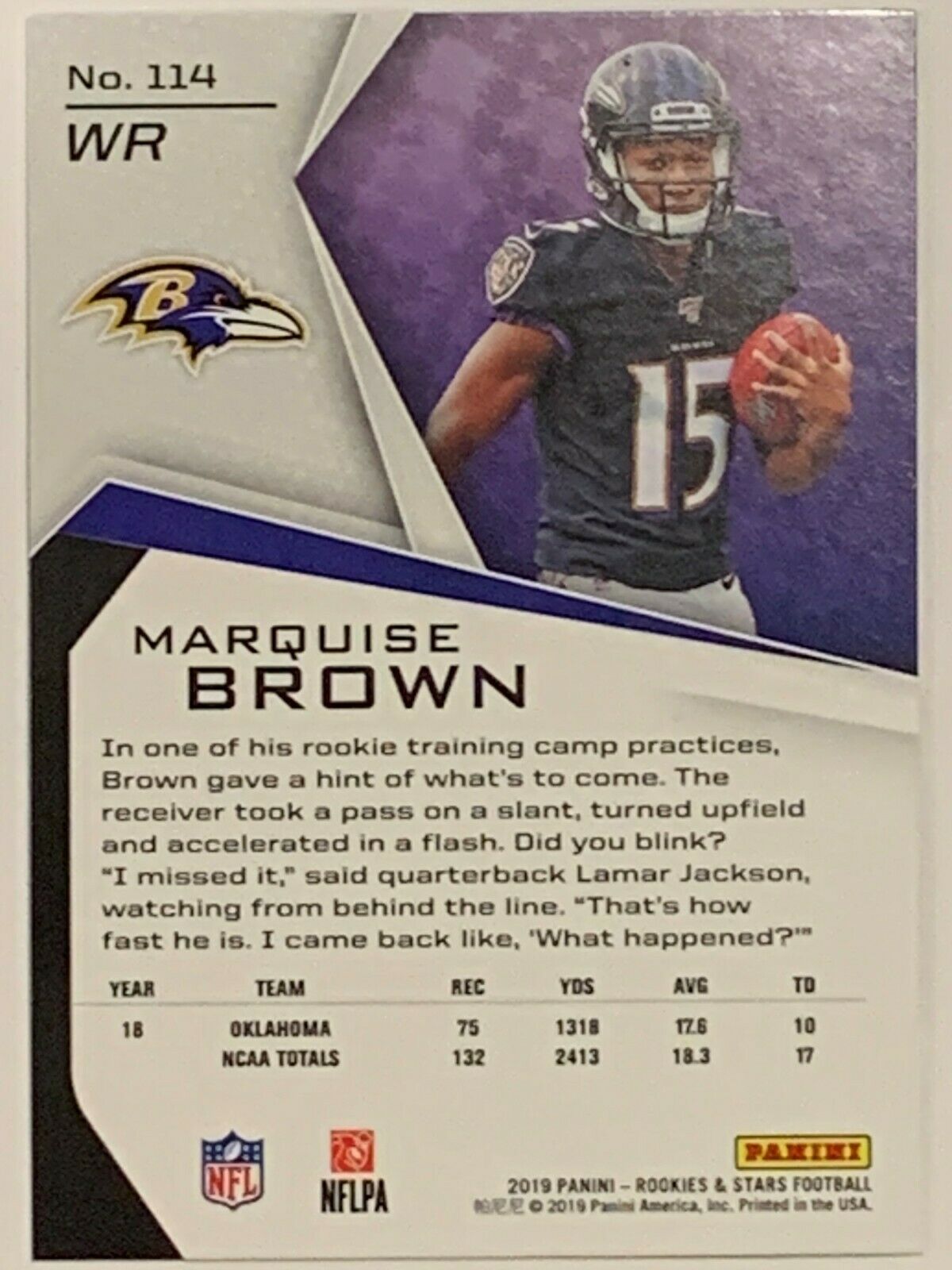 Marquise Brown 2019 Panini Absolute Football Rookie Force Relic Jersey RF-20