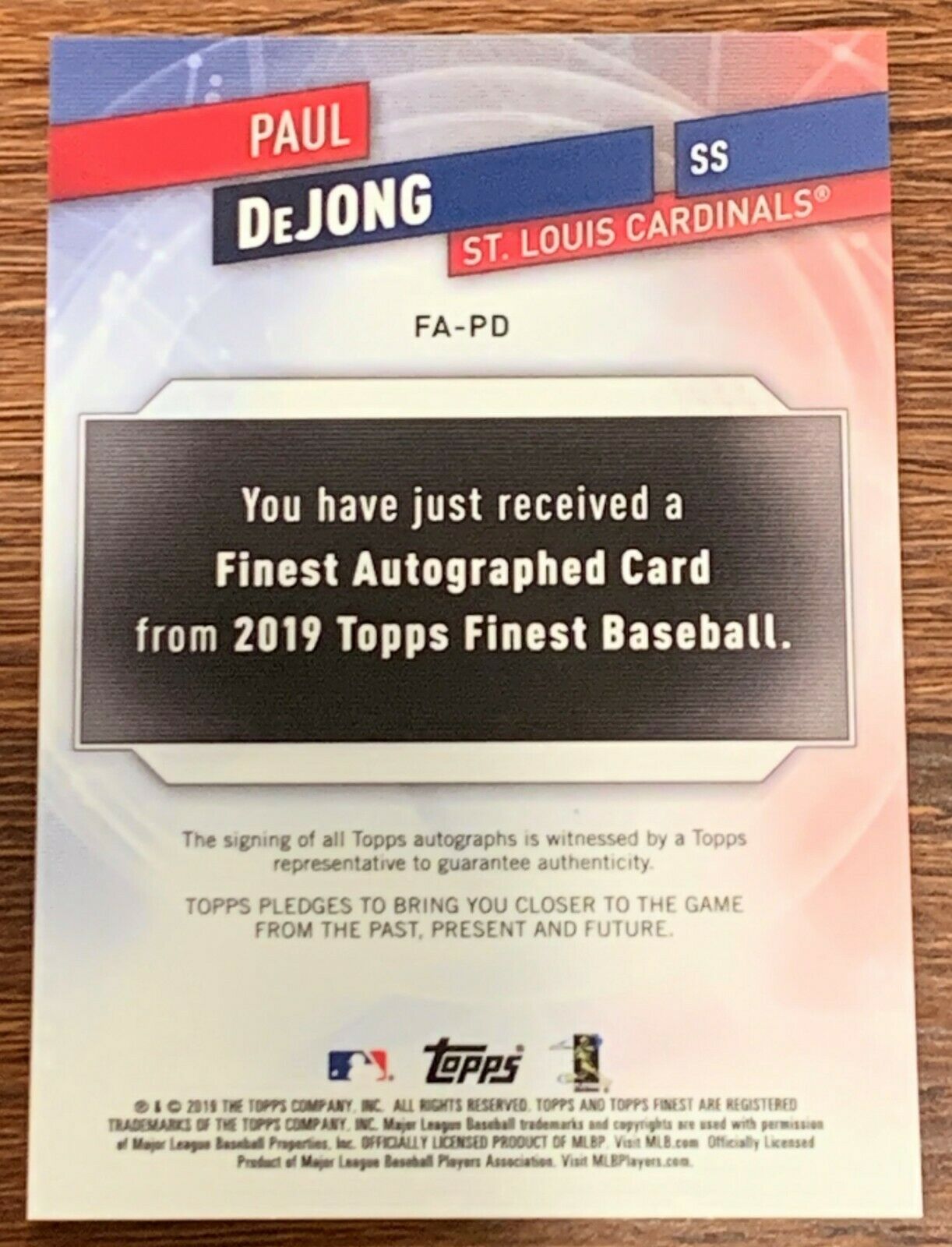 Paul DeJong 2019 Topps Finest Autograph FA-PD