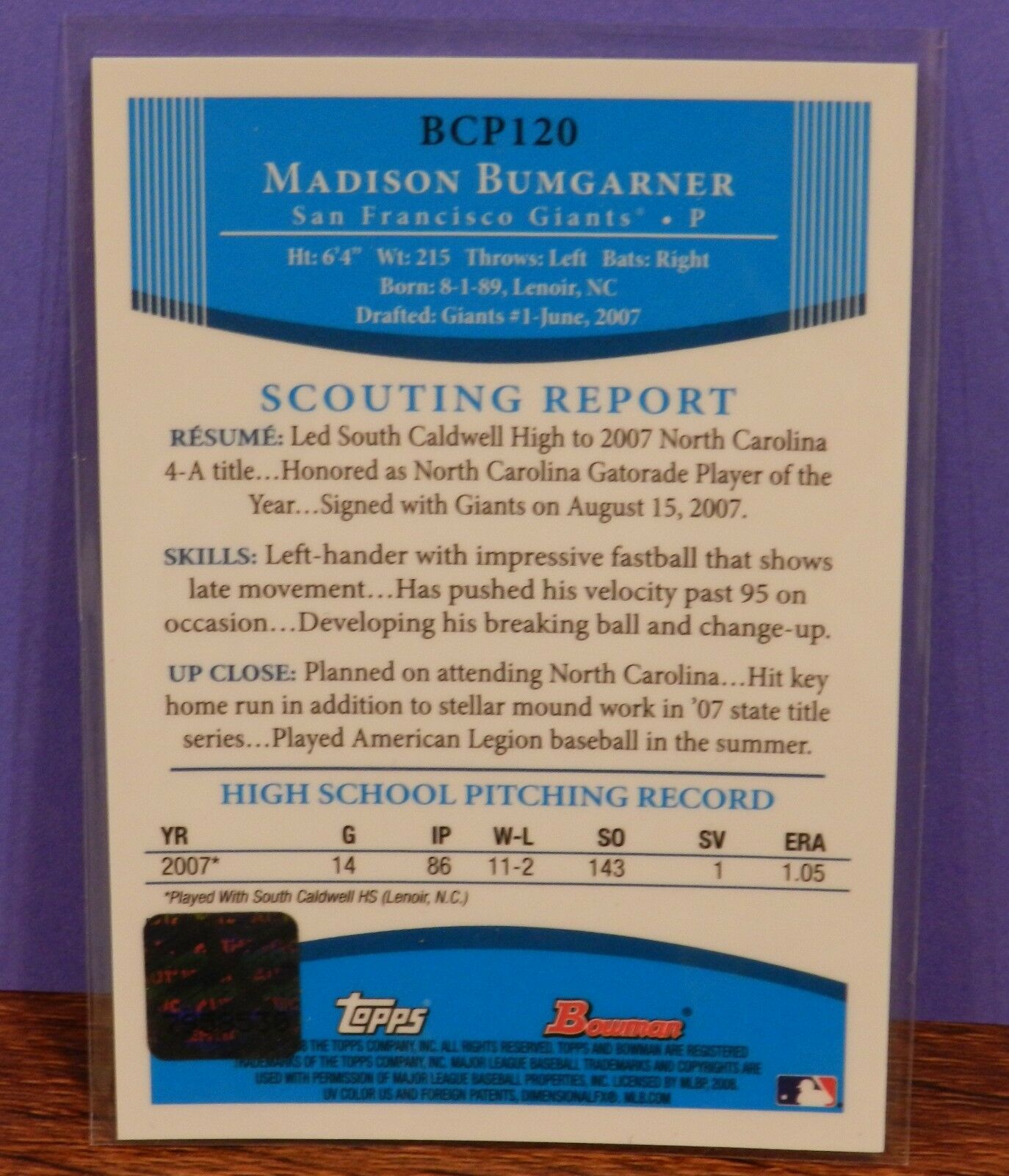 Madison Bumgarner 2008 Bowman Chrome Prospects Autograph BCP-120