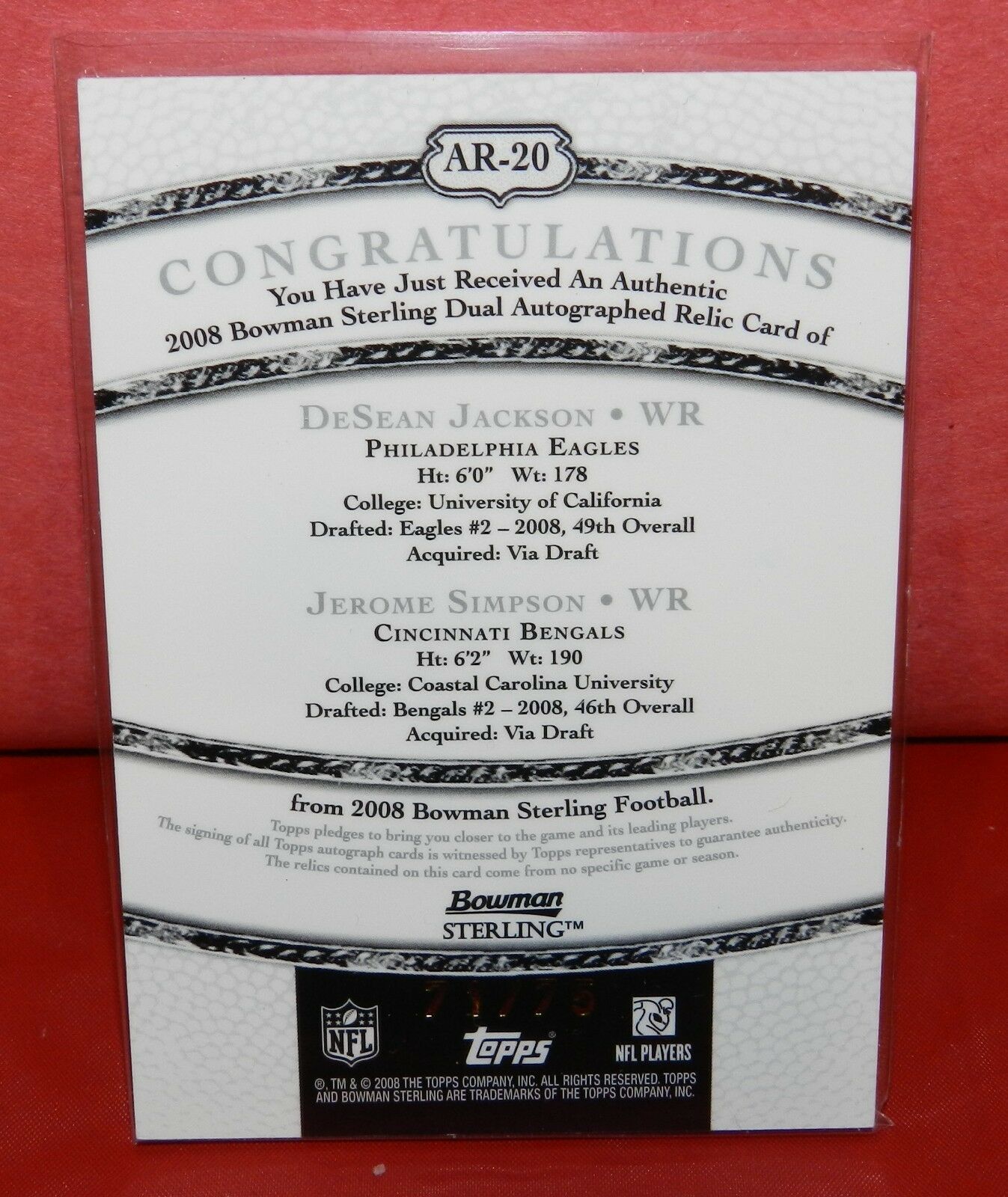 DeSean Jackson 2008 Bowman Sterling Dual Autograph Relic Gold #AR-20 71/75