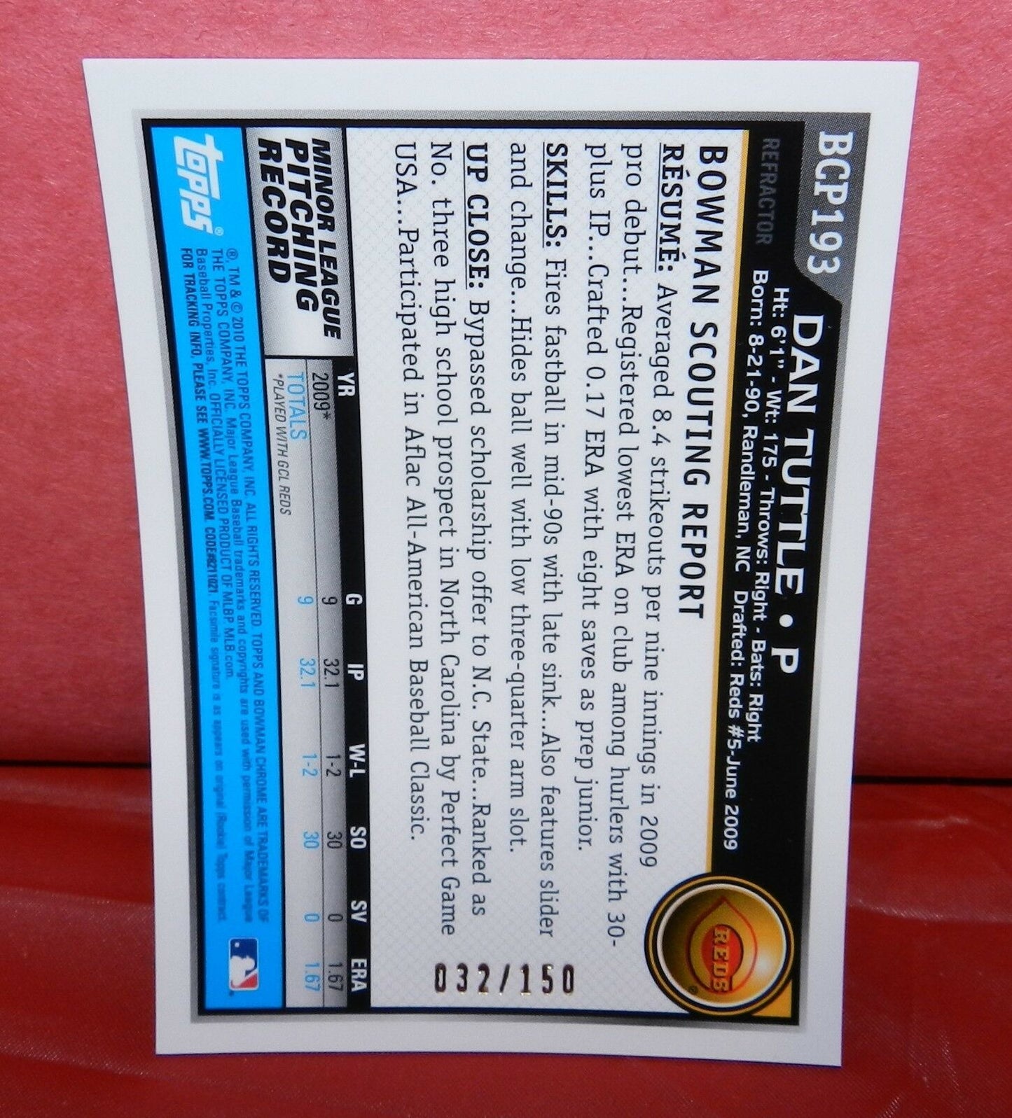 Dan Tuttle 2010 Bowman Chrome Prospect Blue Refractor Autograph BCP193 106/150