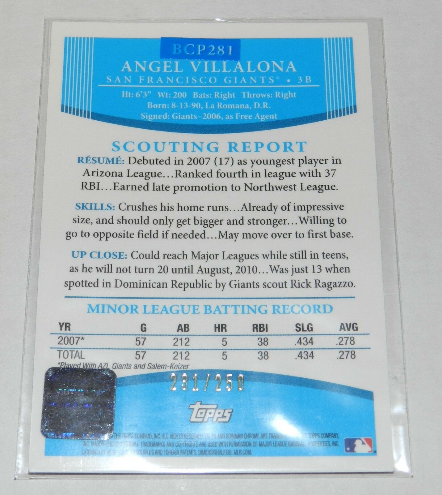 Angel Villalona 2008 Bowman Chrome Prospects #BCP281 X-Fractor 231/250
