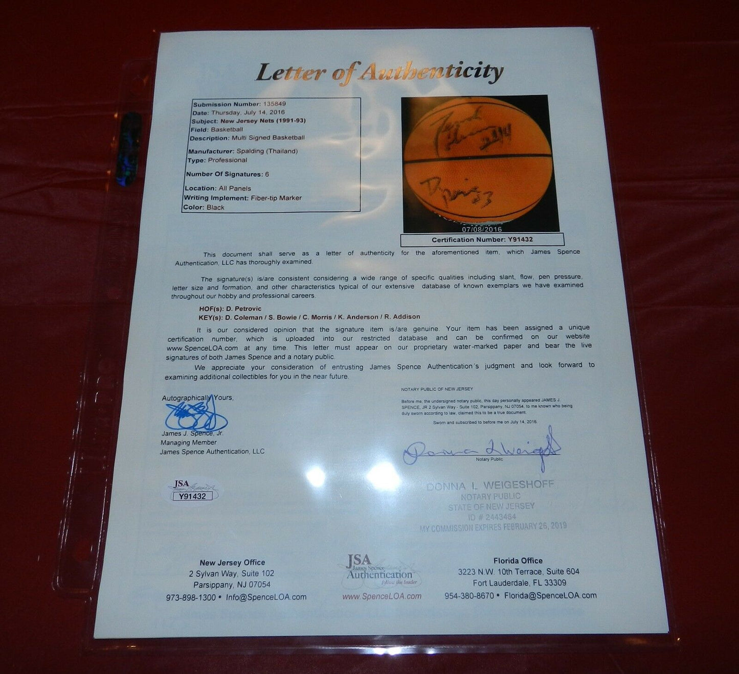 Drazen Petrovic Autographed Basketball with JSA COA Derrick Coleman and more