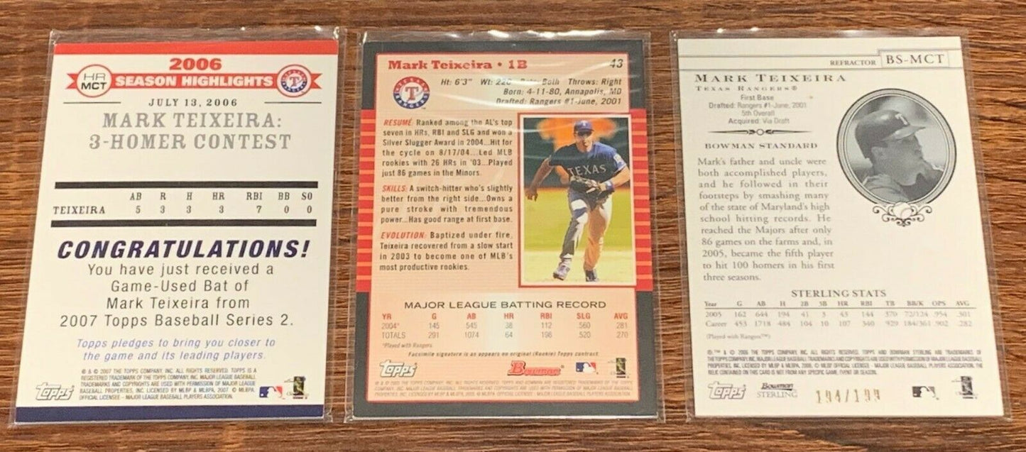 Mark Teixeira Bat and Jersey Relic 9 Card Lot Topps, Bowman, Fleer, Upper Deck