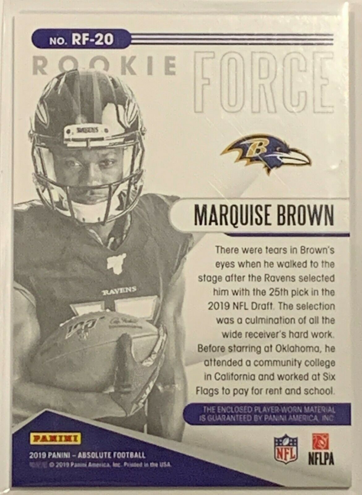 Marquise Brown 2019 Panini Absolute Football Rookie Force Relic Jersey RF-20