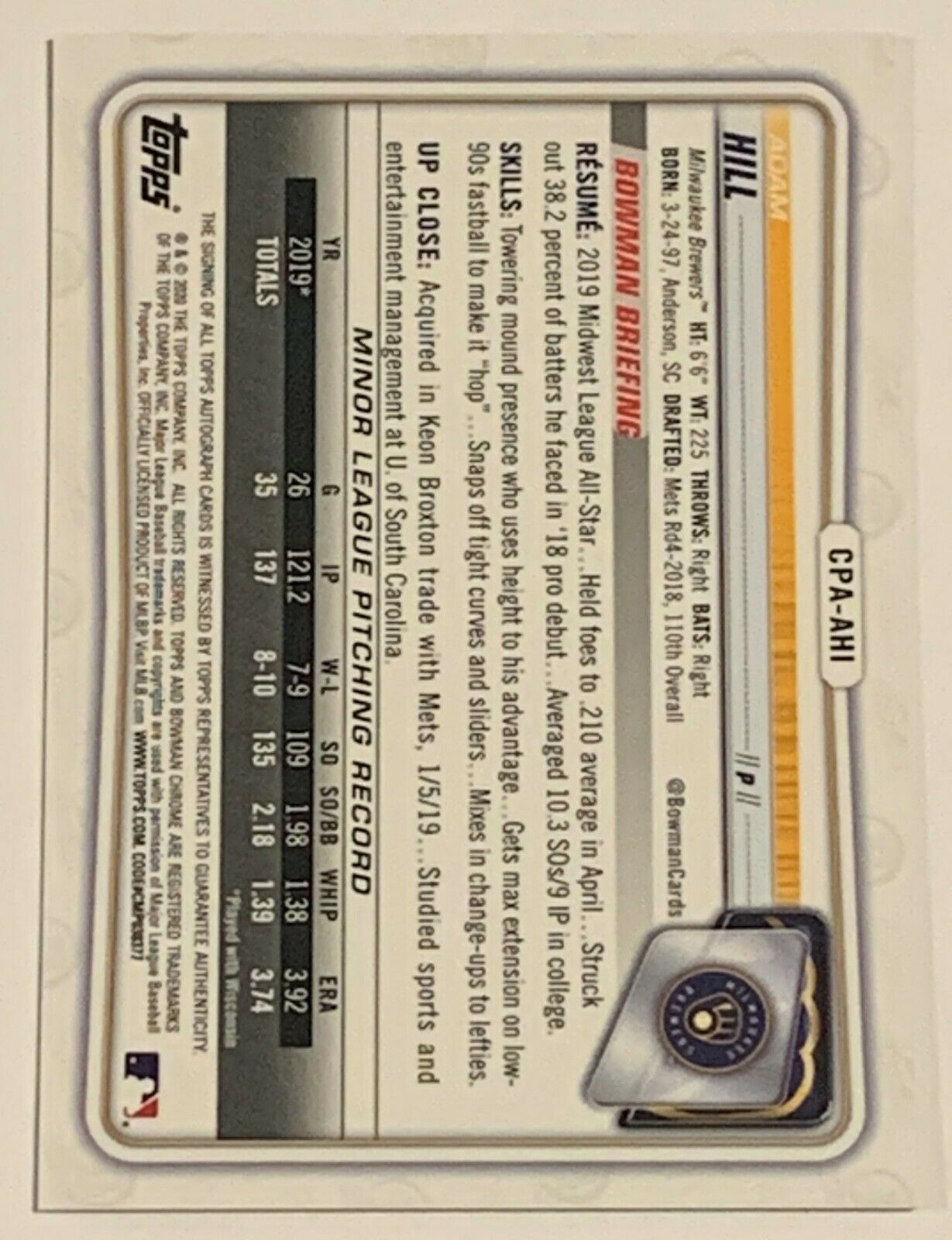 Adam Hill 2020 Bowman Chrome CPA-AHI
