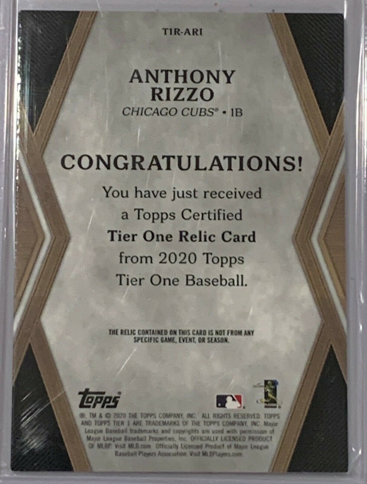 Anthony Rizzo 2020 Topps Tier One Relic Card T1R-ARI 229/395