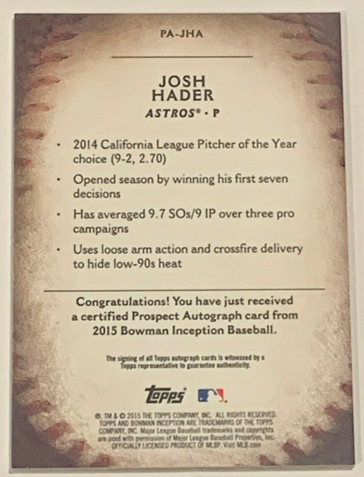 Josh Hader 2015 Bowman Inception Autograph PA-JHA
