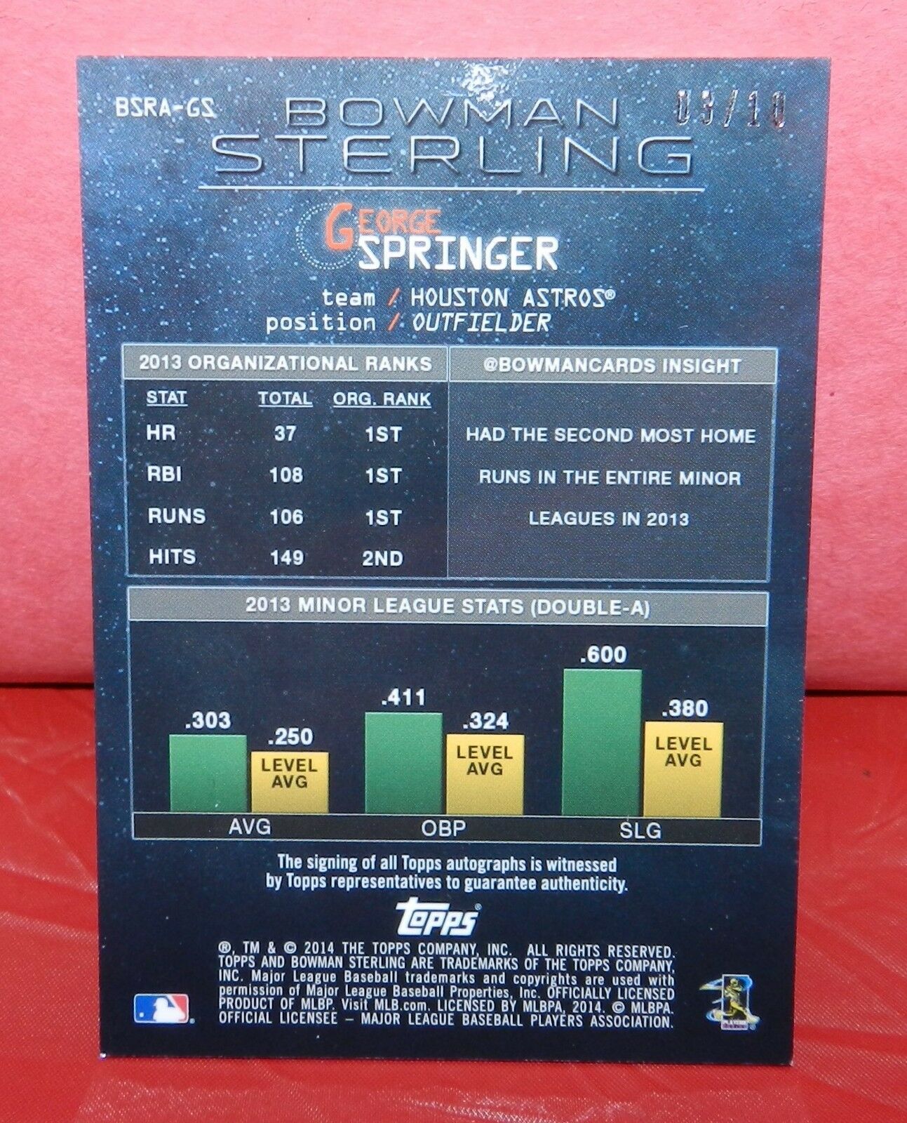 George Springer 2014 Bowman Sterling Prospects Autograph Refractor 3/10