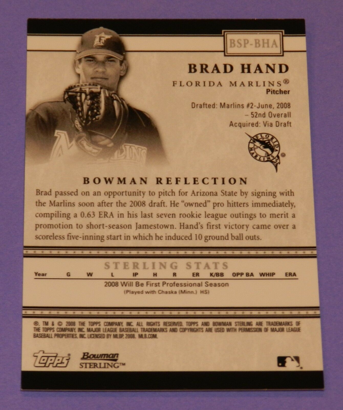 Brad Hand 2008 Bowman Sterling Prospects Autograph BSP-BHA