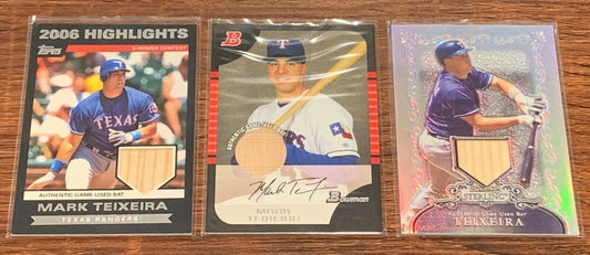 Mark Teixeira Bat and Jersey Relic 9 Card Lot Topps, Bowman, Fleer, Upper Deck